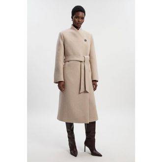 Karen Millen Wool Wrap Neck Tailored Belted Midi Coat in Oatmeal at Nordstrom, Size 10