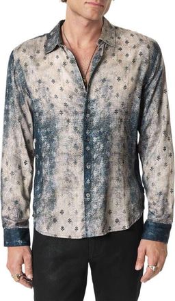 John Varvatos Ross Fleur de Lis Print Button-Up Shirt in Almond at Nordstrom, Size X-Large