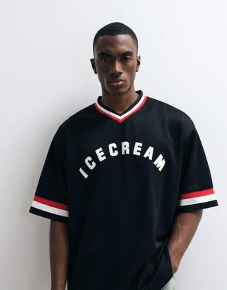 Icecream T-shirt nera stile college con scollo a V e stampa del logo-Nero