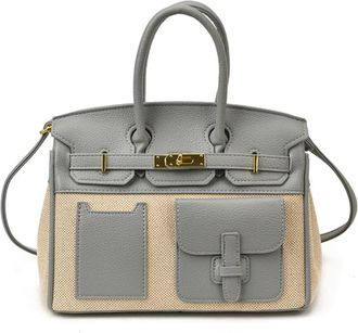 Generic Color Block Platinum Tote Bag, Canvas Leather Patchwork Large Capacity Convertible Crossbody Shoulder Top Handle Bag for Women