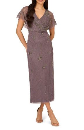 Adrianna Papell Beaded Flutter Sleeve Gown in Moonscape at Nordstrom, Size 6