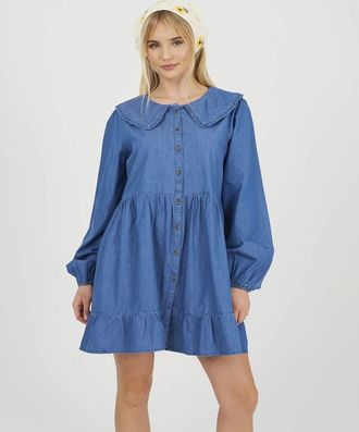 Brave Soul Vestito corto in denim chambray blu con colletto