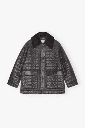 Ganni Mixed Black Shiny Quilt Midi Jacket - Size L/XL Recycled Nylon