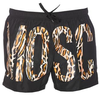 Moschino zwarte korte zwemshort met luipaardprint en logo
