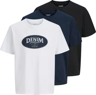 Jack & Jones T-Shirt JACK & JONES JJEDOVER DENIM TEE SS O-NECK 3PK MP, Herren, Gr. XXL, wei&szlig; pack:wei&szlig;, navy blazer, schwarz, Jersey, Obermaterial: 100% Baumwolle,