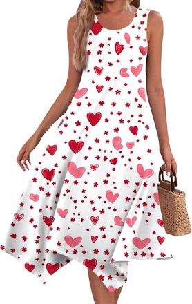 Generic Summer Casual Dresses for Women UK Colorful Love Heart Pattern Print Sleeveless Midi Dress Swing Tank Sundress Pleated Flowy Tshirt Dress,White Long D