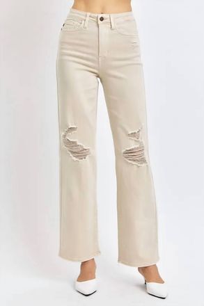 Judy Blue High Waist Distressed Wide Leg Jeans In Bone