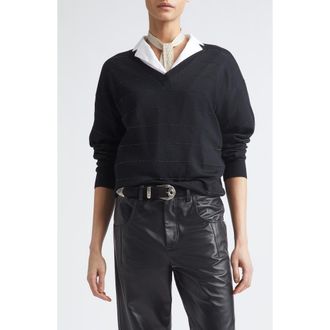 Eleventy Metallic Stripe Wool V-Neck Sweater in 22 Black at Nordstrom, Size X-Large