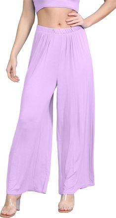Janisramone Womens Ladies New Plain Printed Palazzo Trousers Flared Wide Leg Baggy Leggings Stretch Pants Lilac