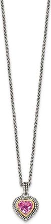 Diamond2Deal Sterling Silver with 14K Accent Heart Created Pink Sapphire Pendant Necklace