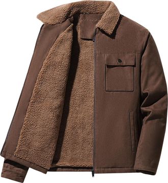 Generic Winter Jackets for Men Fleece Lined Lumberjack Jacket Mens Thick Padded Corduroy Jacket Plain Fluffy Warm Coat Lapel Collar Trucker Jacket Windbreaker