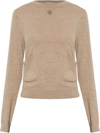 Tory Burch T Logo Wol Trui - Dames - Ronde hals truien - Beige - L - Wol - Truien & Vesten