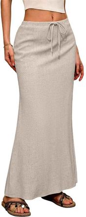 Generic Wrap Linen Maxi Skirts for Women Summer Solid Drawstring Elastic Waist,Drawstring Long Flowy Ankle-Length Skirts (Apricot,XXL)