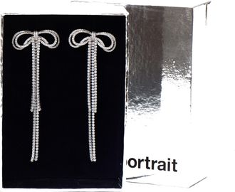 Self Portrait Silver-Plated Brass Double Crystal Bow Drop Earrings