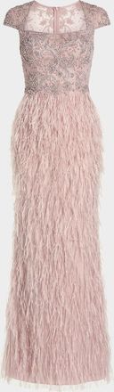 Mac Duggal Beaded Feather-Trim Column Gown