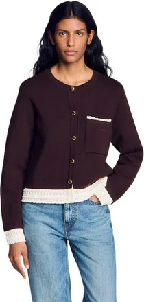 Sandro Cardigan with contrast lace in Brown at Nordstrom, Size X-Small