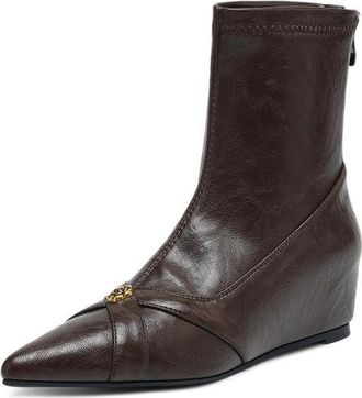 Generic Womens Pointed Toe Leather Ankle Boots Wedge Heel Rose Decor Comfortable Non Slip Durable Stylish Elegant for Daily Street Office Work,Brown,3.5 UK