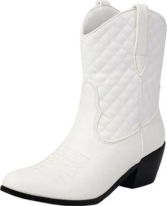 Generic Womens Retro Western Ankle Boots Pointed Toe High Chunky Heel Slip On With Embroidery Detail Fashion Footwear