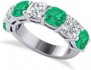 Allurez Cushion Lab Grown Diamond & Lab Emerald Seven Stone Ring 14k White Gold (5.85ct)