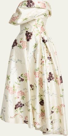 Erdem Strapless Floral-Print Textured Satin Gown