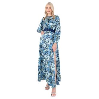 Lovedrobe Womens Maxi Dress Ladies Long Sleeve Satin Floral Lace Trim Round Neck Empire A-line Wedding Guest Evening Occasion, Blue, 22, Blue, 24 UK