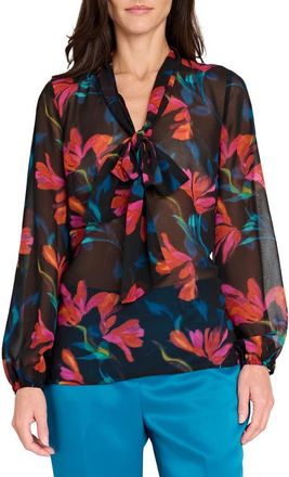 Tahari by ASL Floral Bow Neck Chiffon Top in Black Pink Floral at Nordstrom, Size X-Large