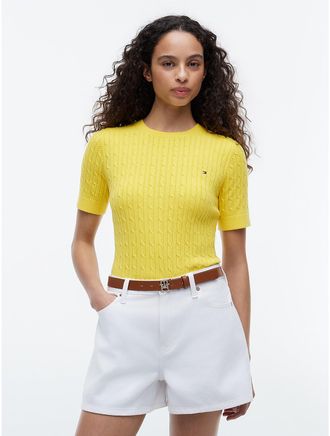 Tommy Hilfiger Womens Short-Sleeve Cable Knit Sweater - Yellow - XXL