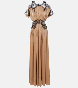 Costarellos Lace-trimmed velvet gown