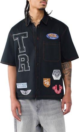 True Religion Patchwork Short Sleeve Cotton Button-Up Shirt in Black at Nordstrom, Size Xxx-Large