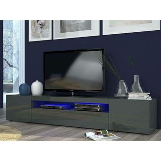 Dmora Dmora - Mueble Para Tv Para Sal&oacute;n, Made In Italy, Mueble Para Tv Con 3 Puertas Y Estantes, Cm 200x40h37, Color Antracita Brillante, Con Luz Led Azul, 
