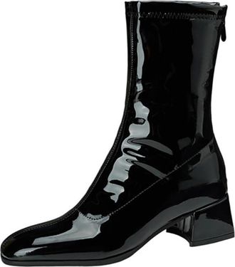 Generic Womens Metallic Ankle Boots Square Toe Block Heels Zip Up Soft Lining Cushioned Insole Comfortable Non Slip Durable Evening Party Casual Shoes,Black,6