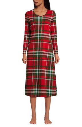 Lands End Cotton Long Sleeve Midcalf Nightgown in Compass Red/emerald Plaid at Nordstrom, Size X-Small P