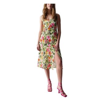 Salsa Bloemen Midi Linnen Jurk - Dames - Casual kleedjes - Groen - S - Linnen - Kleedjes