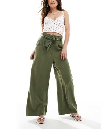 Only tie waist wide leg pants in khaki-Green