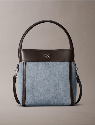 Calvin Klein Womens Monogram Hardware Denim Bucket Bag - Blue