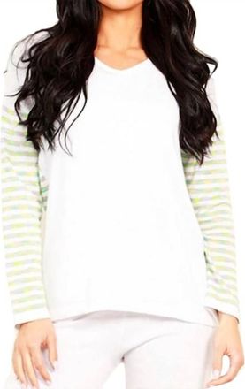 Angel Stripe V-Neck Long Sleeve In White Multi