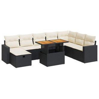 vidaXL Set Sof&aacute;s Jard&iacute;n Y Cojines 9 Pzas Rat&aacute;n Sint&eacute;tico Acacia Negro Vidaxl