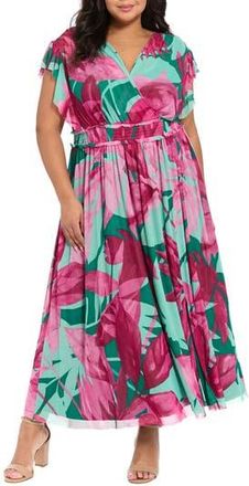 London Times Surplice Neck Tiered Minidress in Green/Pink at Nordstrom Rack, Size 3 X