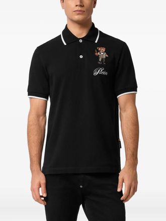 Philipp Plein Mens Teddy Bear-embroidered Polo Shirt - Black Cotton - Size Large