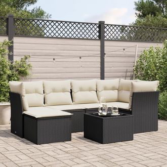 vidaXL Vidaxl - Set De Comedor De Jard&iacute;n 7 Pzas Y Cojines Rat&aacute;n Sint&eacute;tico Negro
