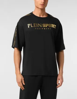 Plein Sport T-Shirt Round Neck Ss Laminated Men in Black/lightgold at Nordstrom, Size X-Small