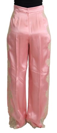 Dolce & Gabbana Womens Pink Lace Trimmed Silk Satin Wide Legs Pants Cotton Nylon
