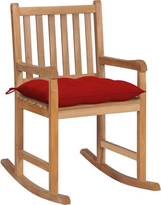 vidaXL Silla Mecedora De Madera Maciza De Teca Con Coj&iacute;n Rojo Vidaxl