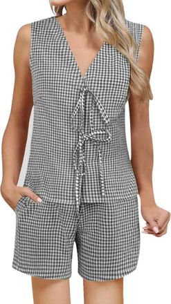 Generic 2025 - Women 2 Piece Gingham Sets Tie Front Vest Top Plaid Shorts Matching Pj 2pcs Pajamas Sets Bathing Suits for Women Boy Shorts (Black, M)