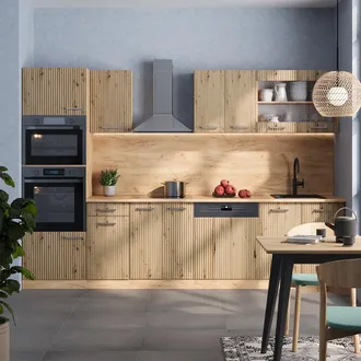 Vicco Mueble De Cocina R-line, Roble Artesanal/roble Dorado, 300 Cm Con Armario Alto, Et M&aacute;rmol