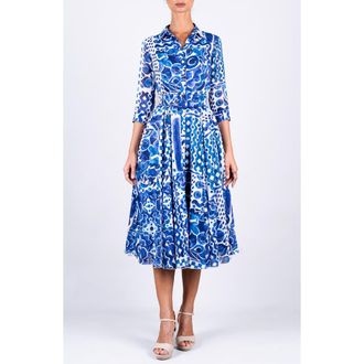 Samantha Sung A-Line Midi Aster Shirtdress in Watercolor Tile White Blue at Nordstrom, Size 10