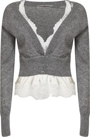 Ermanno Scervino Kort Cardigan met kanten afwerking - Dames - Cashmere truien - Grijs - XS - Satijn - Truien & Vesten