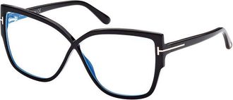 Tom Ford Eyeglasses Cat Eye Full Rim, Shiny Black Frame And Clear Blue Light Block Lens Ft5828-B001
