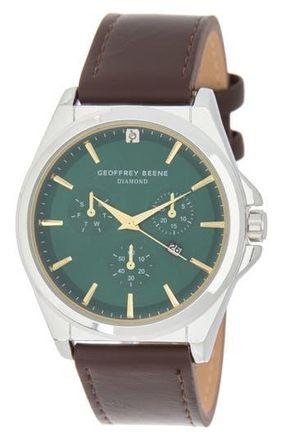 Geoffrey Beene Diamond Dial Leather Strap Watch, 42mm in Silver at Nordstrom Rack