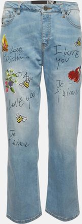 Love Moschino Blue Love Applique And Print Denim Cropped Jeans M/waist